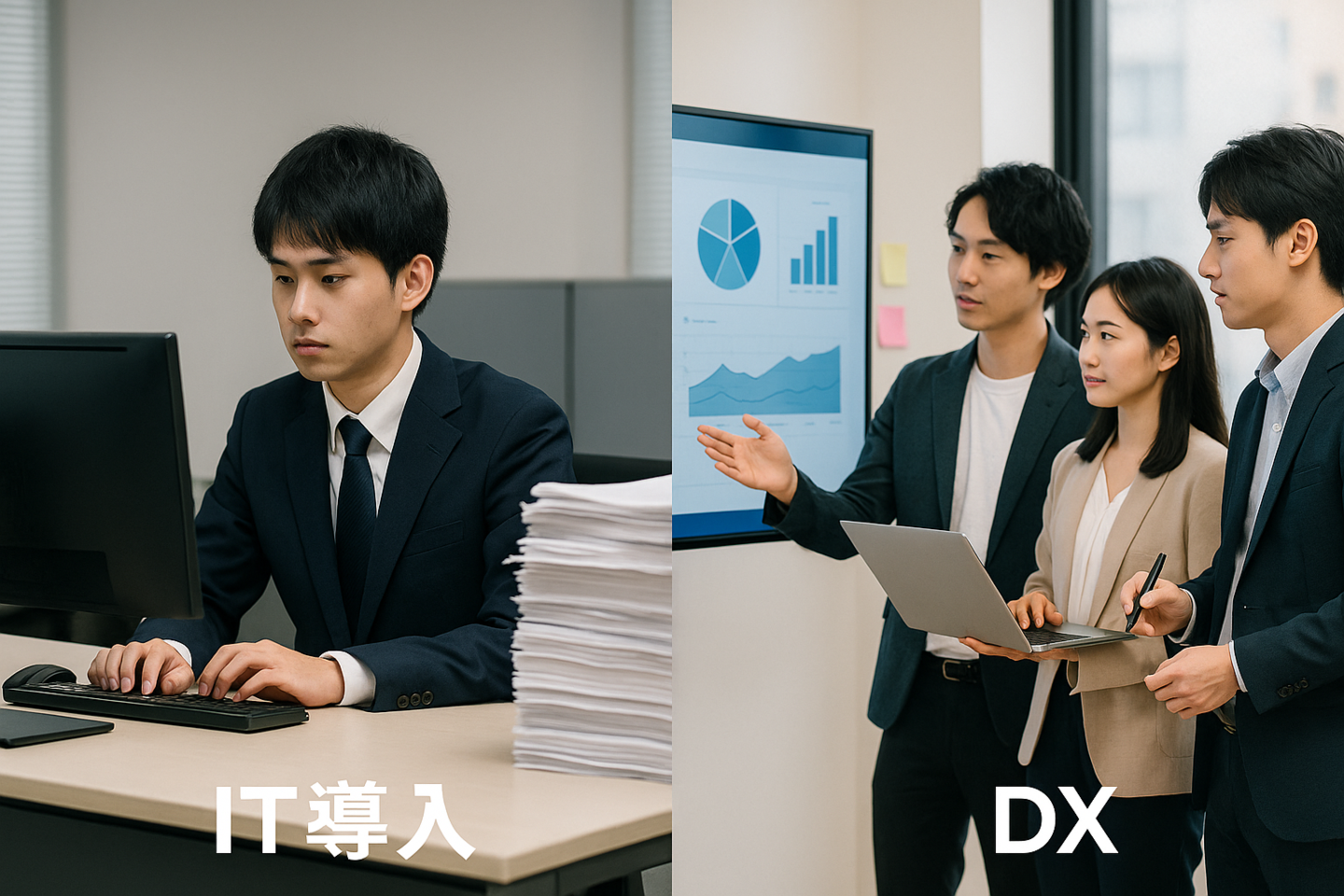 IT導入（業務効率化）とDX（事業変革）の対比を示す図